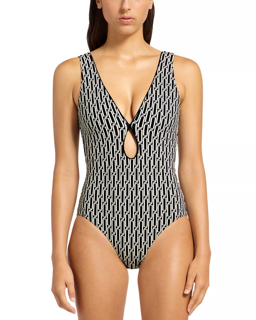 JETS Women Black/White Graphic Print Plunge V-neck One Piece Swimsuit Size US 6